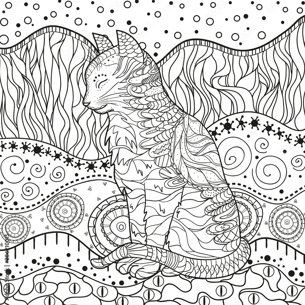 Ornate cat on pattern. Hand drawn abstract patterns on isolation background. Design for spiritual relaxation for adults. Black and white illustration for anti stress colouring page