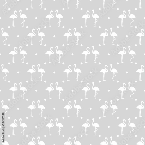 Seamless dotted wallpaper with flamingos. Hand drawn birds. Pattern for design. Black and white illustration