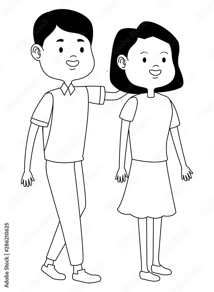 Teenagers friends smiling and greeting cartoons in black and white Teenagers friends smiling and greeting cartoons in black and white