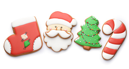 Tasty Christmas cookies on white background