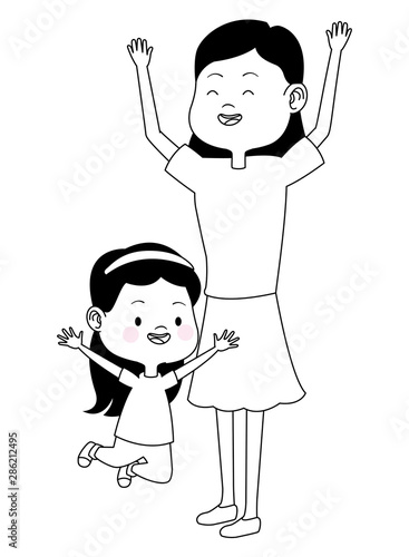 Family single mother with children cartoon in black and white