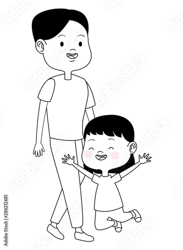 Family single mother with children cartoon in black and white