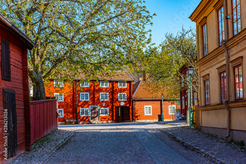 Photography View of traditional timber houses in the old town Gamla Linkoping, Sweden
