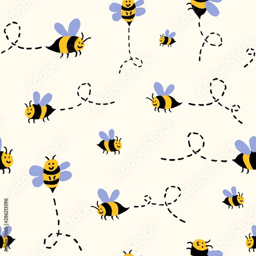 Hand drawn doodle seamless repeat pattern with funny cute smiling buzzing flying bees on a cream background