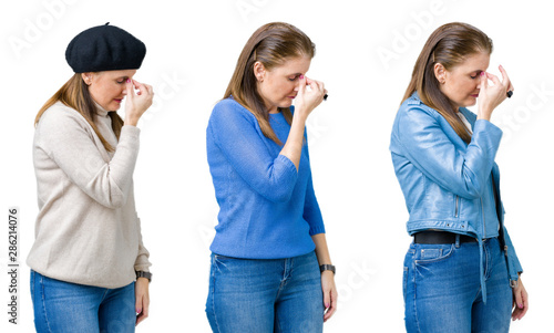 Collage of beautiful middle age woman over isolated background tired rubbing nose and eyes feeling fatigue and headache. Stress and frustration concept.