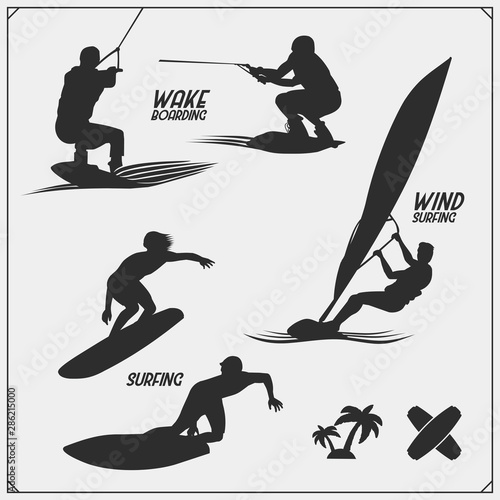Wakeboarding silhouettes, labels and design elements. Set of emblems for wakeboard club and print design for t-shirt.