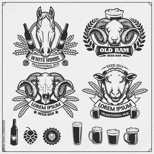 Fényképezés Beer set emblems with ram, horse and sheep