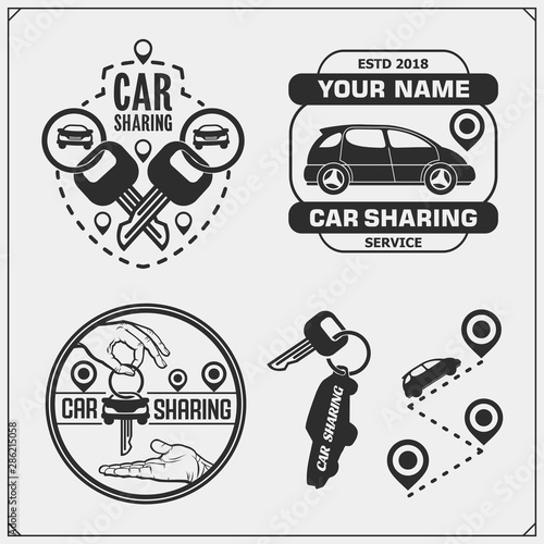 Car sharing service emblems and logos. Transport renting service mobile app. Vector illustration.