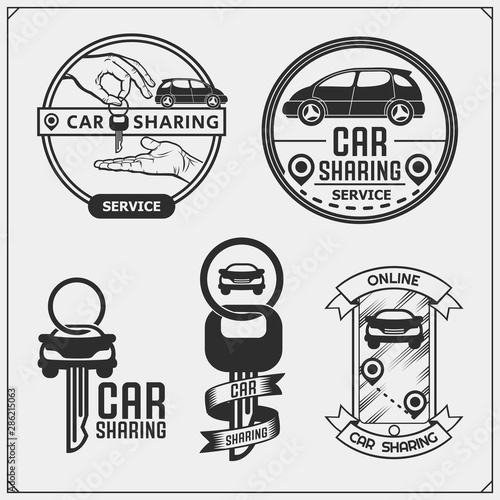 Car sharing service emblems and logos. Transport renting service mobile app. Vector illustration.