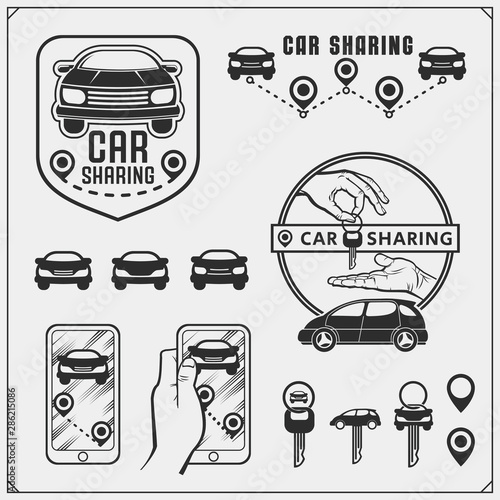 Car sharing service emblems and logos. Transport renting service mobile app. Vector illustration.