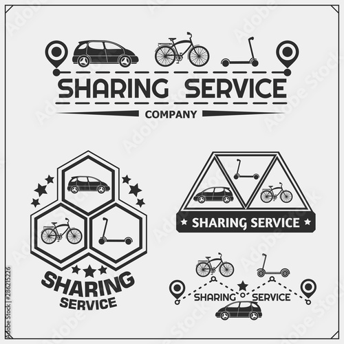 Sharing street transport service emblems and logos. Car and bike sharing, rental electric scooter. Renting ecological transport mobile app.