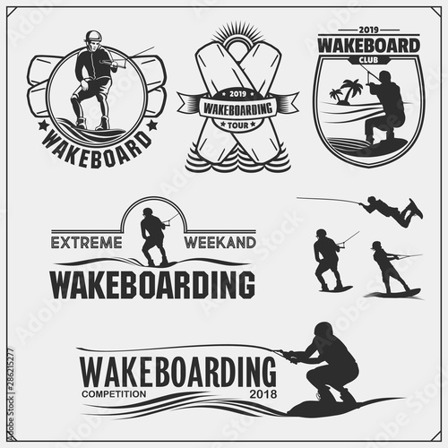 Wakeboarding silhouettes, labels and design elements. Set of emblems for wakeboard club and print design for t-shirt.