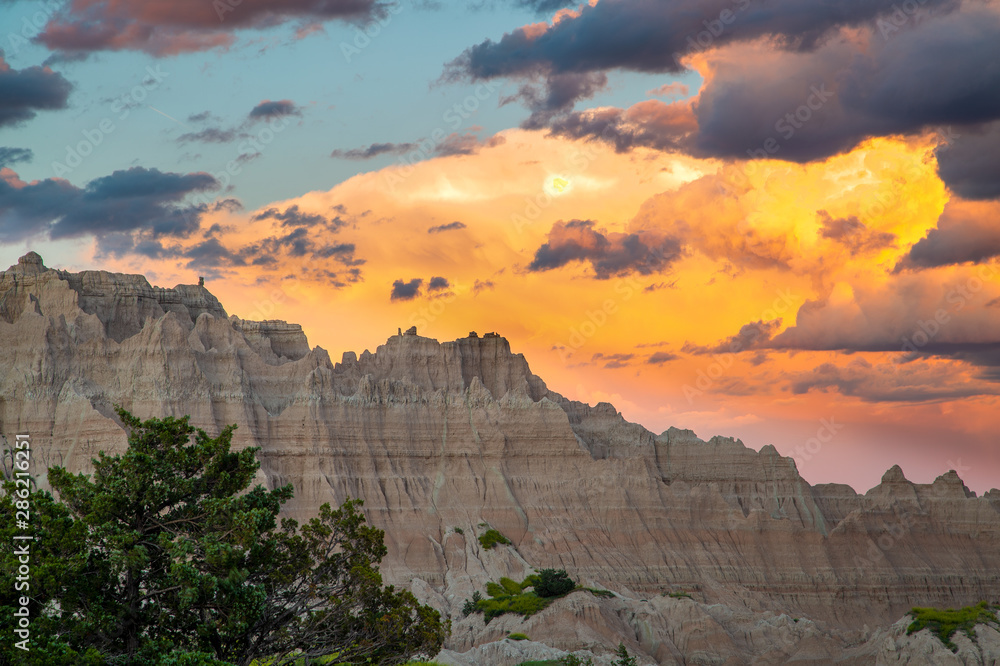 Closeup of the badland formations at sunset from Cedar Pass just after a summer thunderstom passed to the east in Badlands National Park, SD