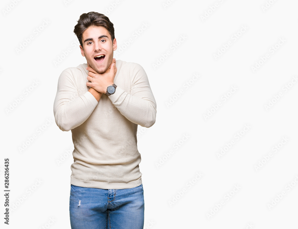 Young handsome man over isolated background shouting and suffocate because painful strangle. Health problem. Asphyxiate and suicide concept. Young handsome man over isolated background shouting and suffocate because painful strangle. Health problem. Asphyxiate and suicide concept.