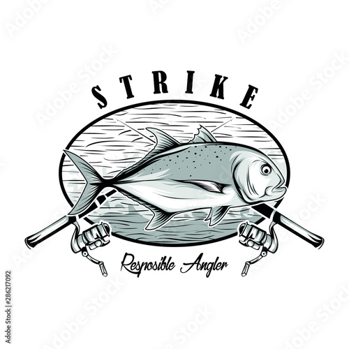 Strike tshirt design. Fishing badge design with Giant trevellay fish. Grey and black colors.