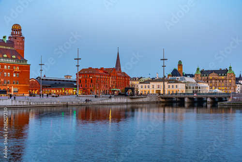 Sunset view of the main train station in Malmo, Sweden photo