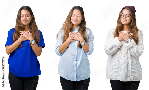 Collage of beautiful young woman over isolated background smiling with hands on chest with closed eyes and grateful gesture on face. Health concept.