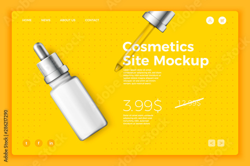 Vector 3d realistic cosmetic dropper on modern site template with typographic background. Mock-up for product package branding.