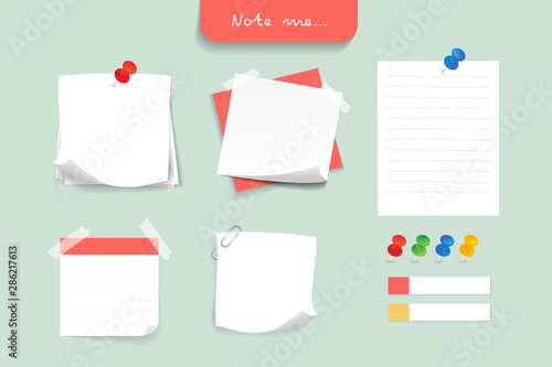 Set of different note papers on isolated gray background.