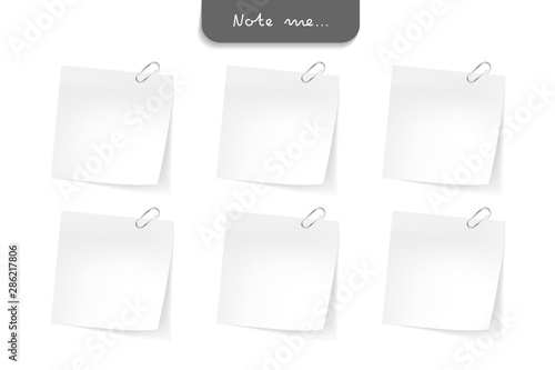 Set of different note papers on isolated white background.