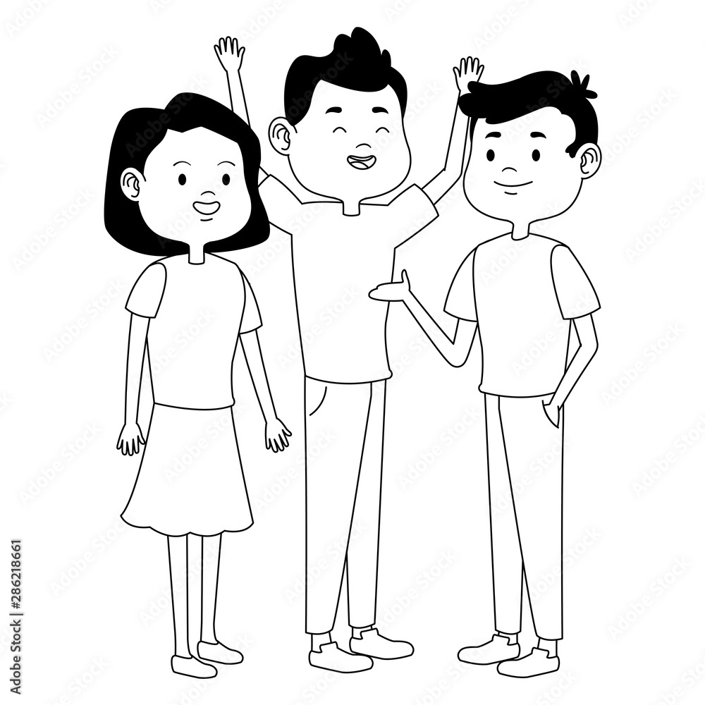 Teenagers friends smiling and greeting cartoons in black and white Teenagers friends smiling and greeting cartoons in black and white