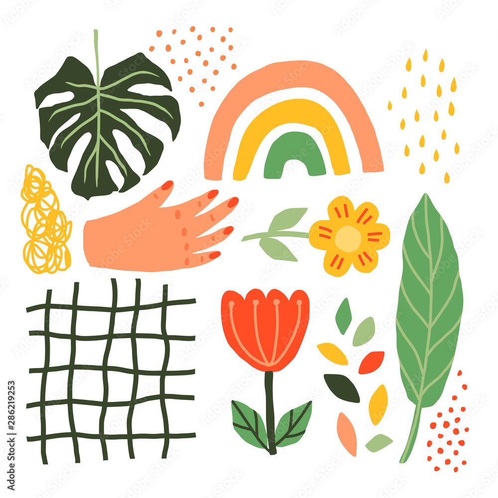 Naklejka premium Set Of Plants , Flowers, Hands, Rainbows, Leaves Monstera Scandinavian style. Vector Minimalistic Hand Draw Elements