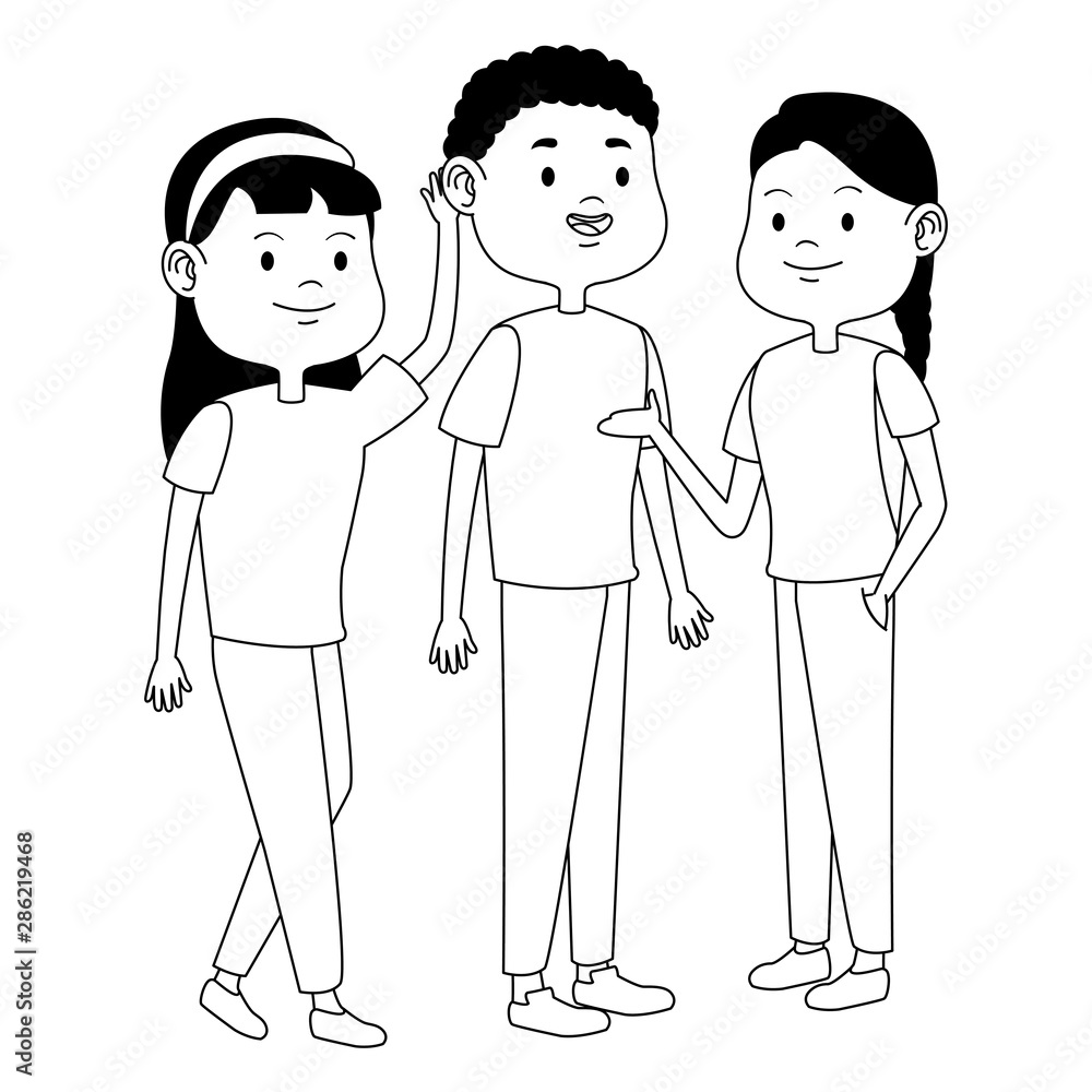Teenagers friends smiling and greeting cartoons in black and white Teenagers friends smiling and greeting cartoons in black and white