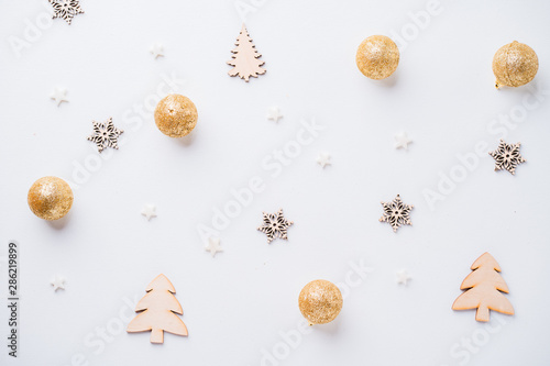 Happy holidays. Beautiful greeting card or design background, celebration concept. Christmas and New Year decorations on white table, copy space