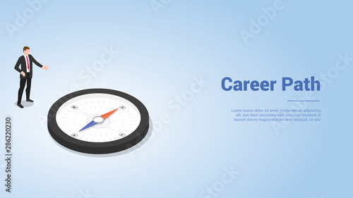 career path with business man and compass direction for website template or landing homepage slide with modern isometric style