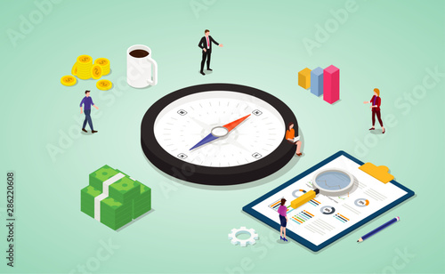 business direction team discussion on meeting with compass as symbol with isometric modern style