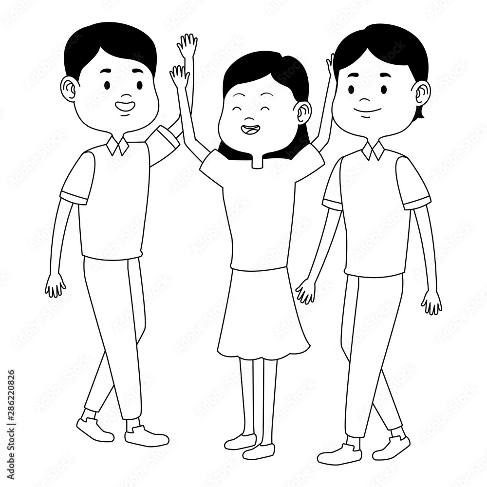 Teenagers friends smiling and greeting cartoons in black and white Teenagers friends smiling and greeting cartoons in black and white