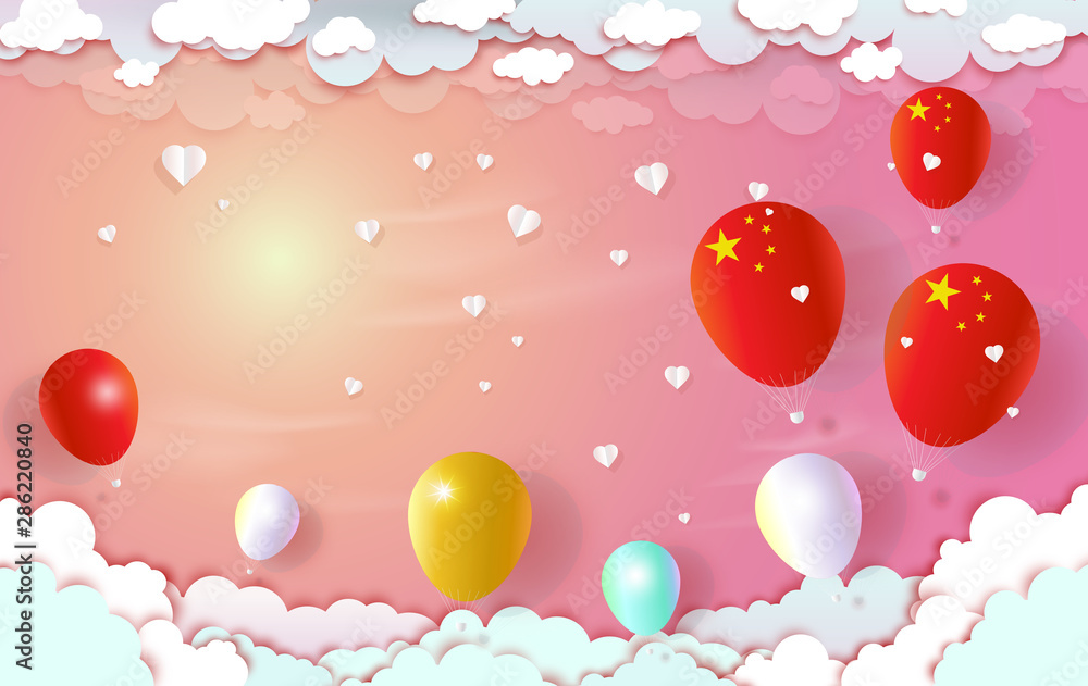 Travel happy with China flag balloons on sky cloud.