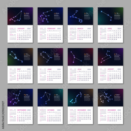 Wall calendar pages set for 2020 year with zodiac constellations. Twelve star signs and dates of birth on deep space background. Astrology horoscopes with unique personality traits vector illustration
