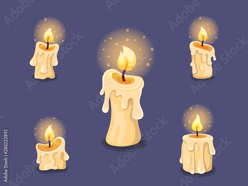 Collection of candles. Concept cartoon candle burning in different. Halloween elements set. Vector clipart illustration isolated on white background