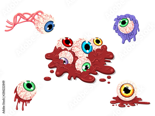 Collection of eyes ball. Concept cartoon eye ball in different. Halloween elements set. Vector clipart illustration isolated on white background
