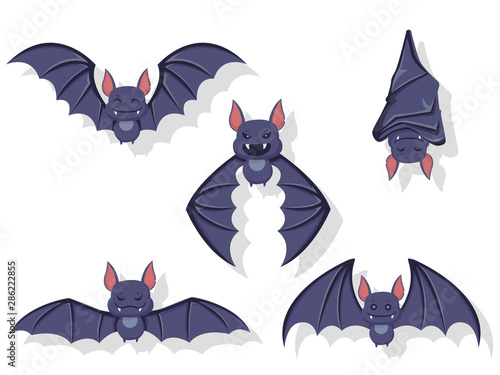 Collection of flying bats. Concept cartoon bat in different poses. Halloween elements set. Vector clipart illustration isolated on white background.