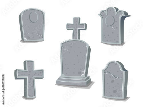 Collection of gravestones. Concept cartoon gravestone in different. Halloween elements set. Vector clipart illustration isolated on white background
