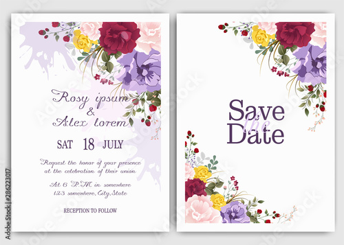 wedding invitation card with colourful floral and leaves. photo