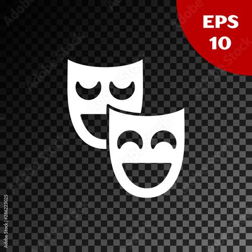 White Comedy theatrical masks icon isolated on transparent dark background. Vector Illustration
