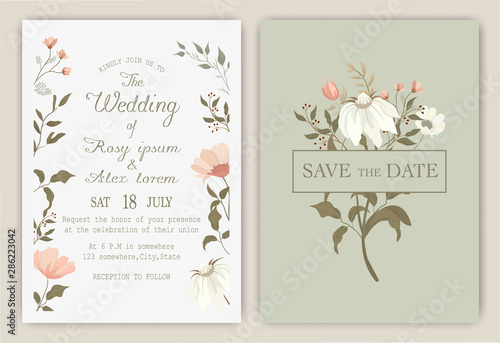 wedding invitation card with colourful floral and leaves. photo