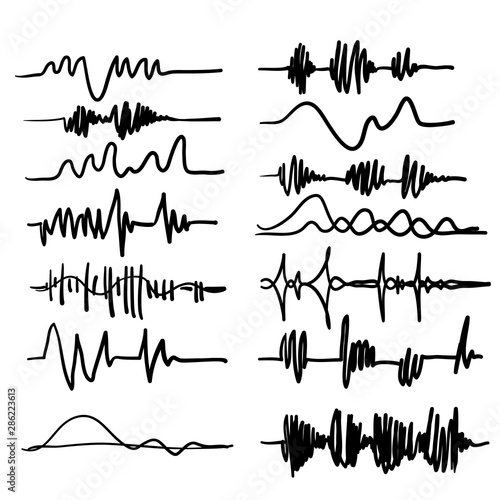 Black sound waves. Music audio frequency, voice line waveform, electronic radio signal, volume level symbol handdrawn doodle cartoon style