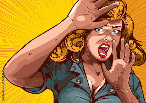 The image of a woman lifting her hand, protecting herself and having extreme fear, comic cover template on yellow background.