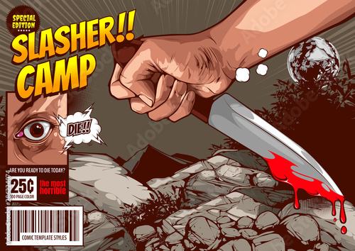 horror comic,slasher camp killer, halloween cover template, Hand holding a knife on night forest background, speech bubbles, doodle art, Vector illustration. photo