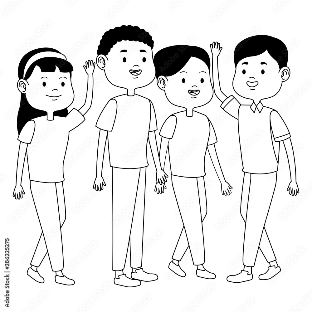 Teenagers friends smiling and greeting cartoons in black and white Teenagers friends smiling and greeting cartoons in black and white