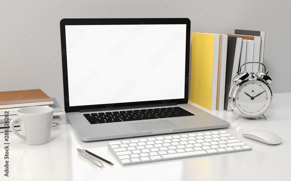 Computer laptop blank screen on white office desk, workspace mock up design illustration 3D rendering Computer laptop blank screen on white office desk, workspace mock up design illustration 3D rendering
