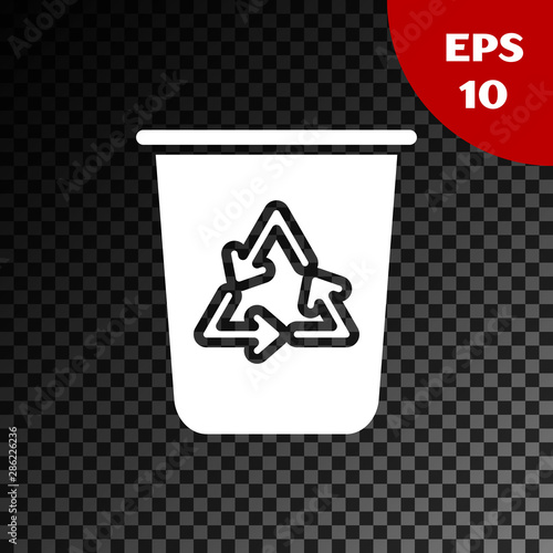 White Recycle bin with recycle symbol icon isolated on transparent dark background. Trash can icon. Garbage bin sign. Recycle basket sign. Vector Illustration
