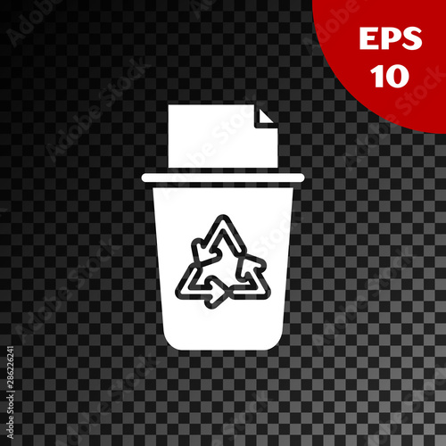 White Recycle bin with recycle symbol icon isolated on transparent dark background. Trash can icon. Garbage bin sign. Recycle basket sign. Vector Illustration