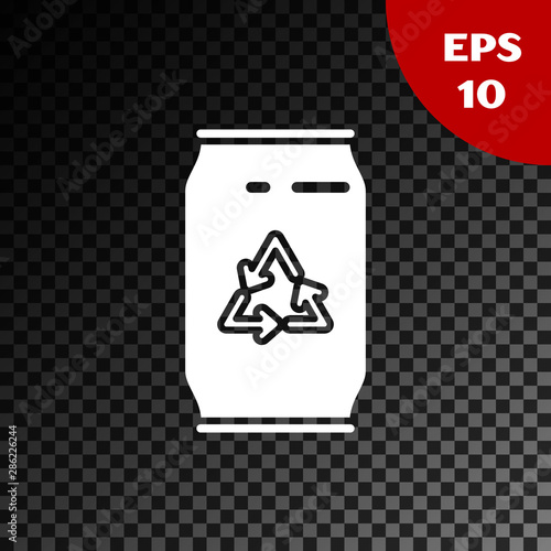 White Can with recycle symbol and can icon isolated on transparent dark background. Trash can icon. Garbage bin sign. Recycle basket sign. Vector Illustration