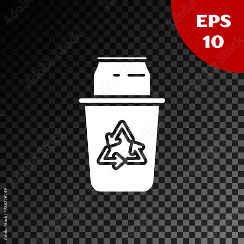 White Recycle bin with recycle symbol and can icon isolated on transparent dark background. Trash can icon. Garbage bin sign. Recycle basket sign. Vector Illustration
