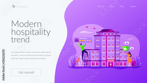 Traveler accommodation, apartment and motel booking. Hostel rating and reviews. Lifestyle hotel, modern hospitality trend, cutting-edge hotel concept. Website homepage header landing web page template